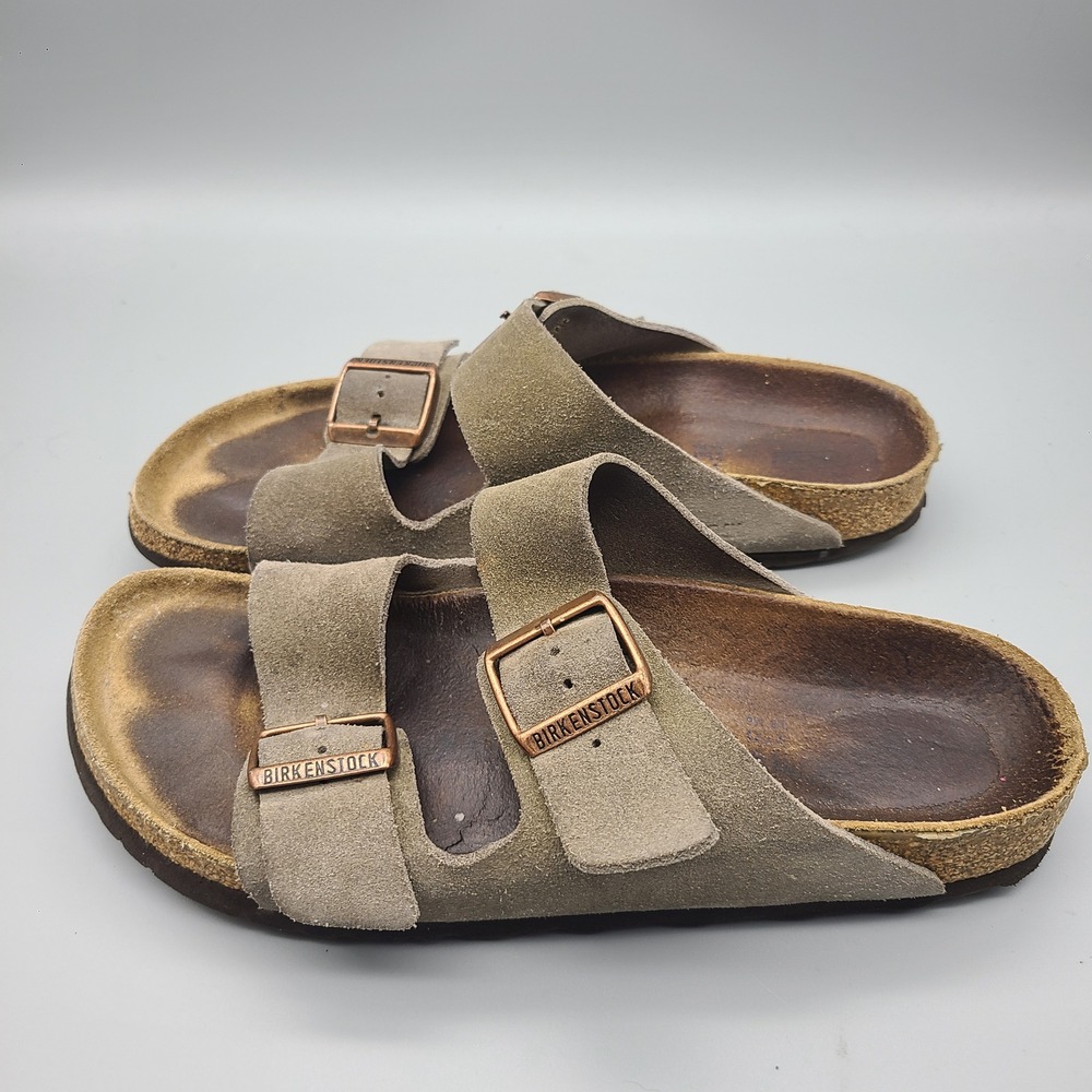 Birkenstock Arizona 39 Suede Leather Sandals Taupe Two Strap Slides Womens 8